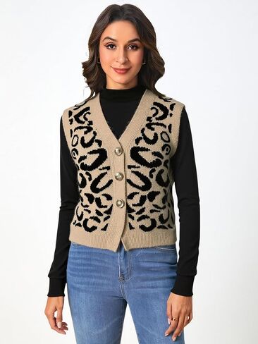 Women's Leopard Print Sweater Vest Button Down V Neck Sleeveless Knit Dressy Casual Vest Top in Saudi Arabia