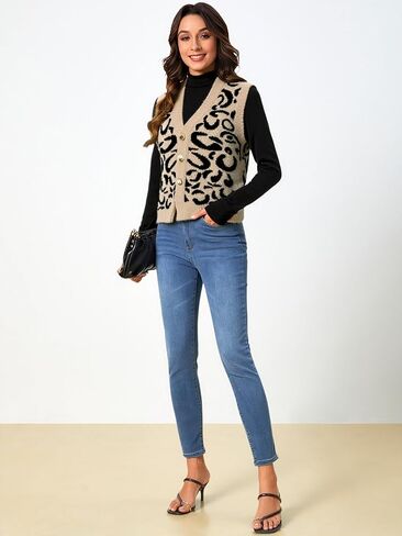 Women's Leopard Print Sweater Vest Button Down V Neck Sleeveless Knit Dressy Casual Vest Top in Saudi Arabia