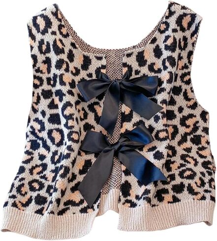 Women's Plus Size Y2K Leopard Print Sweater Vest Bow Tie Up Sleeveless Knitwear Tops in Saudi Arabia