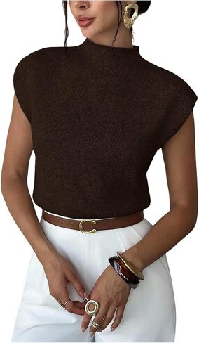 GORGLITTER Women's Short Sleeve Cropped Sweater Mock Neck Cinched Waist Pullover Knit Tank Tops Teacher Outfits in Saudi Arabia