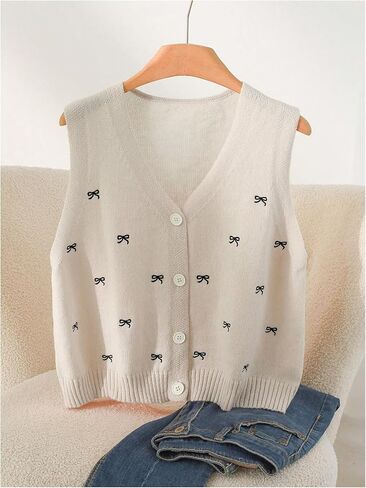 OYOANGLE Women's Plus Size Bow Sweater Vest Sleeveless Button Up V Neck Cardigans Lightweight Fall Tops in Saudi Arabia