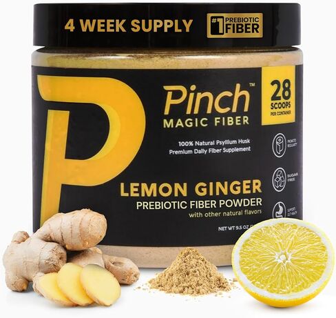 Pinch Magic Sugar Free Fiber Powder – Light Lemon Ginger Psyllium Husk with Bromelain & Vitamins C & D – Vegan, Gluten-Free, Clean Label, USA-Made, GMP-Certified – 28-Day Supply in Saudi Arabia