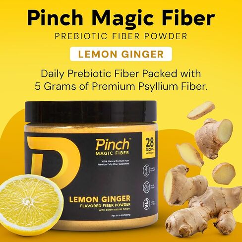 Pinch Magic Sugar Free Fiber Powder – Light Lemon Ginger Psyllium Husk with Bromelain & Vitamins C & D – Vegan, Gluten-Free, Clean Label, USA-Made, GMP-Certified – 28-Day Supply in Saudi Arabia