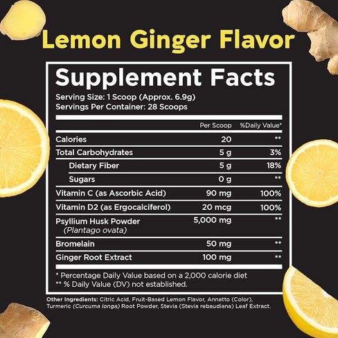 Pinch Magic Sugar Free Fiber Powder – Light Lemon Ginger Psyllium Husk with Bromelain & Vitamins C & D – Vegan, Gluten-Free, Clean Label, USA-Made, GMP-Certified – 28-Day Supply in Saudi Arabia