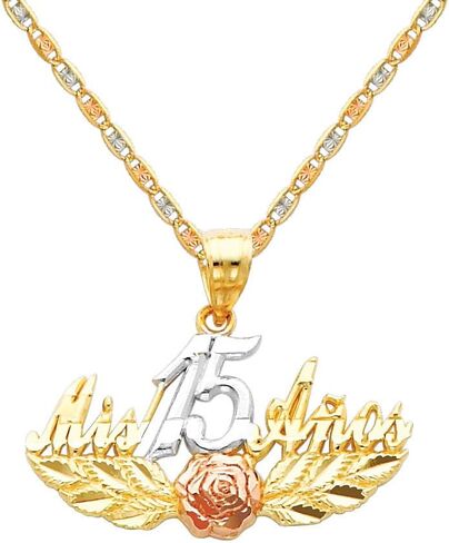 The World Jewelry Center 14k Real Tri Color Gold 15 A?os Pendant with 1.5mm Diamond Cut Chain Necklace in Saudi Arabia