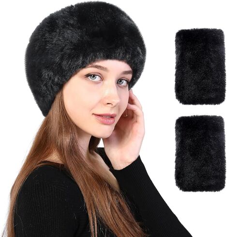 Hifot Faux Fur Headband with Gloves, Ear Warmer Headwrap Winter Furry Mittens, Fingerless Arm Warmer Earmuff for Women Men in Saudi Arabia