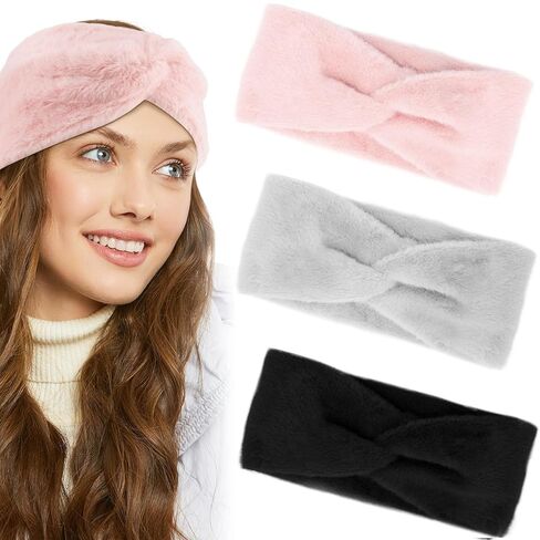 Winter Headbands for Women - 3 Pcs Faux Fur Ear Warmers for Women Girls with Twisted Knot Design, Cold Weather Thick Ear Warmer Headbands for Winter Accessories in Saudi Arabia