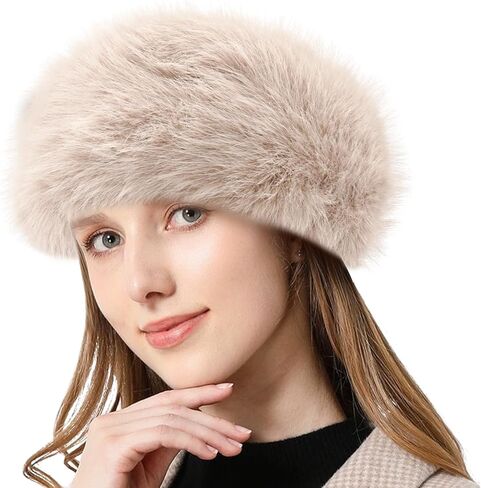 Peicees Faux Fur Headband, Womens Thermal Elastic Hairband Ear Warmer Furry Fleece Russian Hat for Winter Costume Party in Saudi Arabia