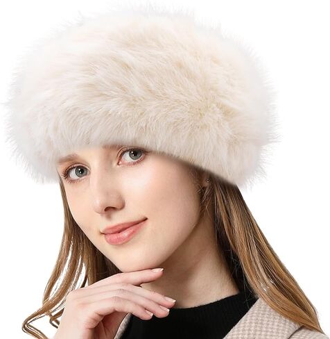 Peicees Faux Fur Headband, Womens Thermal Elastic Hairband Ear Warmer Furry Fleece Russian Hat for Winter Costume Party in Saudi Arabia