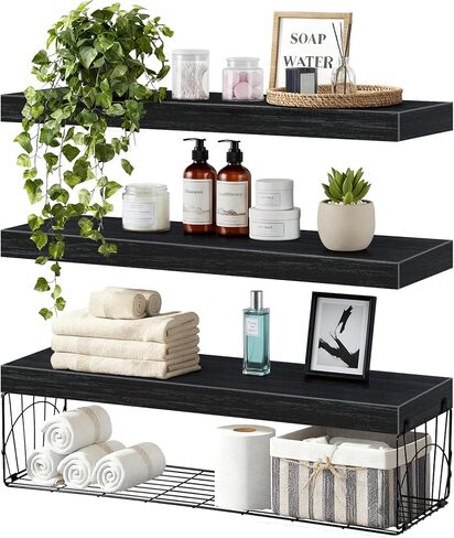 3 Pack Bathroom Shelves 24 inches Long Over Toilet, Wall Mounted Rustic Wood Floating Shelves for Bathroom, Toilet Paper Storage, Small Farmhouse Decor Hanging Shelf for Living Room, Kitchen, Brown in Saudi Arabia