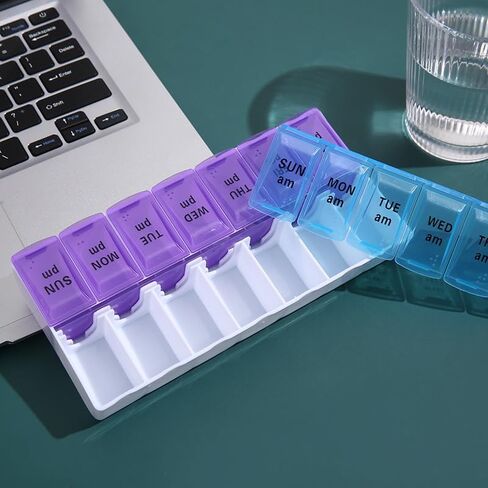 Weekly Pill Organizer 2 Times a Day, 14 Grid AM/PM Pill Box in Blue and Purple, Daily Medication Container and Travel Case for Vitamins, Tablets, Supplements in Saudi Arabia