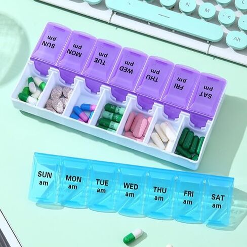 Weekly Pill Organizer 2 Times a Day, 14 Grid AM/PM Pill Box in Blue and Purple, Daily Medication Container and Travel Case for Vitamins, Tablets, Supplements in Saudi Arabia