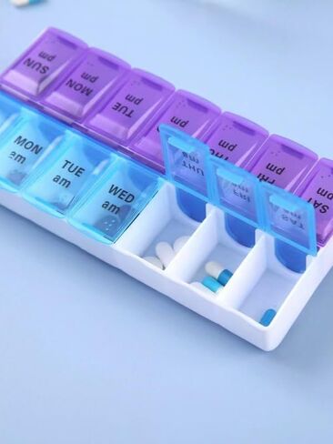 Weekly Pill Organizer 2 Times a Day, 14 Grid AM/PM Pill Box in Blue and Purple, Daily Medication Container and Travel Case for Vitamins, Tablets, Supplements in Saudi Arabia