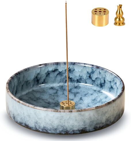 5.9" Ceramic Incense Holder with 10 Holes,5in1 Incense Tray for Sticks,Coil,Cone,Sage,Palo Santo,Handcrafted Burner Ash Catcher Smudge Bowl for Yoga Meditation Energy Cleansing Room Décor,Blue in Saudi Arabia