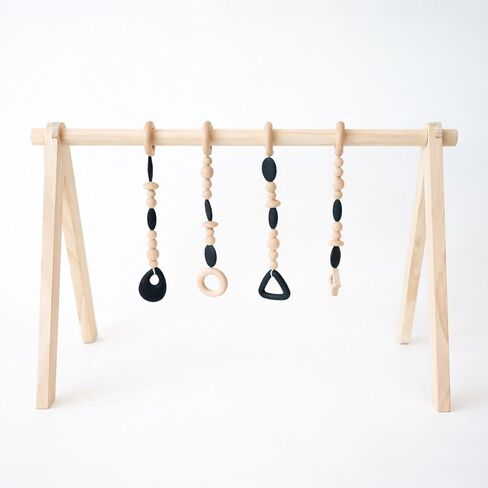 Poppyseed Play - صالة الألعاب الرياضية Wooden Baby Play ، مركز النشاط Montessori مع ألعاب خشب الزان المعلقة ، إطار خشب الصنوبر الطبيعي القابل للطي ، صالة ألعاب الرضع المحمولة ، تنمية المهارات الحركية وديكور الحضانة الحديثة in Kuwait