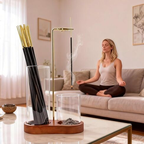 2 in 1 Incense Holder for Sticks - Glass Incense Burner with Ash Catcher, Japanese Hanging Incense Burner with Storage and Wooden Base for Meditation Yoga Spa Homen Room Unique Decor in Saudi Arabia