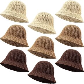 Ramede 9 Pieces Womens Floppy Straw Sun Hat Summer Beach Bucket Hat Foldable Crochet Fishing Hat for Girls Outdoor