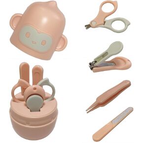 Roeoi Baby Nail Kit, 4-in-1 Baby Nail Trimmer Set with Cute Monkey Shape Case. Baby Nail Clipper, Scissor, Nail File & Tweezer for Newborn, Infant & Toddler, Kids-Pink
