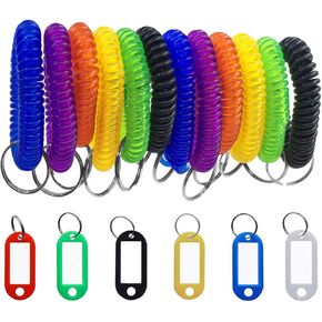 SENHAI 12 pcs Wristband Keychains & 6 pcs Key Tags, Plastic Coil Stretch Elastic Spring Spiral Bracelet Key Ring for Gym Pool ID Badge, Plastic ID Tags with Label Window for Keychain Pet Luggage Bag