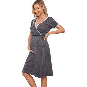 LUOFEN المرأة الأمومة فستان رضاعة عادية الخامس الرقبة الرضاعة الطبيعية الدانتيل فساتين مضلع متماسكة الصيف ميدي ملابس الحمل in Kuwait