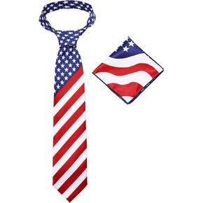 PROCOS Mens American Flag Necktie Bowtie Pokect Square Stars Stripes Patriotic Tie for USA Independence Day Accessories