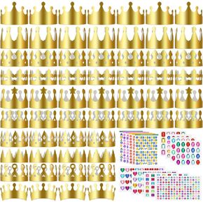 50 Pieces Paper Crowns Princess Prince Crown Birthday Crown Hat Paper Gold Crowns with 28 Sheets Gem Jewels Number Letter Stickers for Kids Girls Boys Adults DIY Birthday Party Supplies Decoration