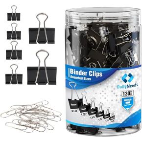 230 Pack Assorted Size Binder Clips [100 Bonus Paper Clips] - 6 Sizes Paper Clamp - Sturdy Container Included (Black)