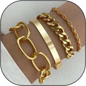 14K Gold Chunky Stacked Bracelet Set for Women Bohemian Adjustable Statement Silver Bracelet Exaggerated Paper Clip Chain Bracelet Set Jewelry Gift