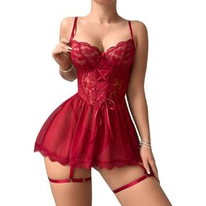 WDIRARA Women's Floral Lace Mesh Lace Up Front Babydoll Lingerie Slip Dress with Leg Rings