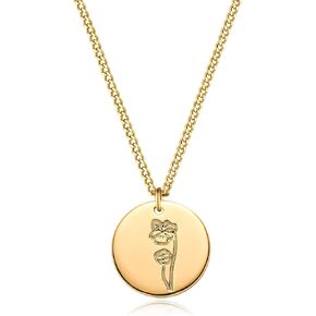 MEVECCO Birth Flower Necklace 18k Gold Custom Floral Pendant Necklaces Dainty Birth Month Flower Disc Hand Stamped Necklace Personalized Jewelry Birthday Gift