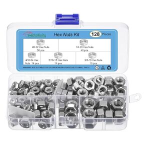 METALLIXITY Hex Nuts Assortment Kit (#8-32, 10-24, 1/4-20, 5/16-18, 3/8-16) 128Pcs, 304 Stainless Steel Hexagon Nut Hardware