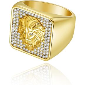 Vintage Fuax Diamond Carved Lion Head Signet Gold Plated Ring for Men Boys,Animal Stainless Steel Iced Out Bling Square Top Thumb Pinky Ring,Pink Biker Cool Ring Fashion Pirate Rocker Jewelry