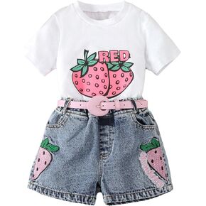 Floerns Girl's 2 Piece Outfit Graphic Print T Shirts Elastic Waist Denim Shorts Set