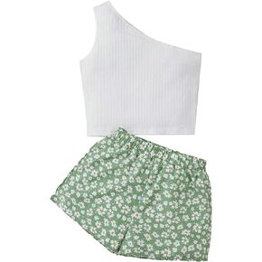 SHENHE Girl's 2 Piece Outfits Ribbed One Shoulder Tank Top and Floral Shorts Set
