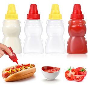 WXOIEOD 4 Pieces Bear Shape Mini Condiment Bottles, 1 oz Mini Ketchup Bottle for Lunch Box, Small Travel Squeeze Squirt Containers for Sauces Mustard Salad Dressing Lunches Accessories