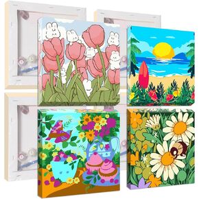 UMOART Framed Paint by Numbers for Kids - 4Packs Flowers Paint by Numbers for Kids Adults, Tulips Paint by Number Kits on Canvas, DIY Cartoon Oil Painting Acrylic Kits for Home Decor 8x8in