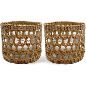 Natural Rattan Woven Tea Light Candle Holder, Decorative Rustic Vintage Seagrass Votive Candle Holders for Dining Table Kitchen Decor Serving Tray, Pack 2