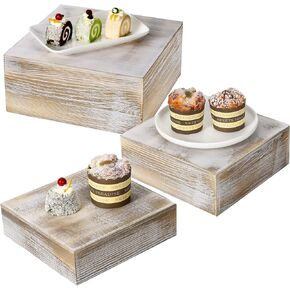 3 Pcs Whitewashed Wood Square Display Stand Crate Style Cake Stand Risers for Cupcake Appetizer Dessert Rustic Cupcake Stand Stackable Display Box Riser Stands