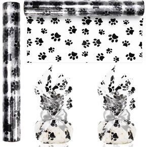 Whaline Paw Print Cellophane Wrap Roll 100ft x 16 In 2.5Mil White Black Cellophane Paper Crystal Clear Cello Wrapping Paper for Treats Gifts Basket Animal Pet Party Favor