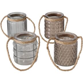 Beach Chic Nautical Rope Wrapped Hurricanes, Set of 4, Pale Green Glass Candle Holders, 3.5 Inches Tall