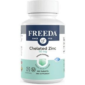 Freeda Chelated Zinc Supplement - Kosher 30 mg Zinc Chelate Zinc Tablets as Albion TRAACS Zinc Bisglycinate - Zinc Chelated for Adults - Pure Zinc 30mg - Zinc for Men & Women - (100 Tiny Tablets)