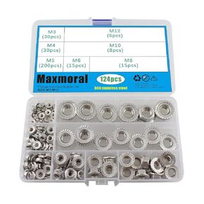 Maxmoral 124PCS 304 Stainless Steel Nut Assortment Kit Hexagonal Lock Nut Kit Anti Skid Nut for Connecting Pipe