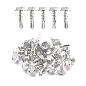 50pcs #10 x 1-1/2" Stainless Hex Washer Head Self Drilling Screws, 410 Stainless Steel Full Thread Sheet Metal Tek Screws