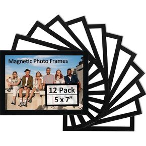 DeftEdge Magnetic Photo Frame, 12 Pack 5x7" Black Border Magnetic Picture Frames for fridge/Locker/Whiteboard, suitable for photo collage in Kitchen/Pantry/classroom