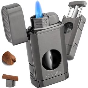 SCARRA Cigar Torch Lighter, Multi-Function 3-in-1 Cigar Lighter Gift for Men, Butane Lighter Built-in Cigar Holder & One-Touch Cigar Cutter V Cut, Windproof Triple Jet Flame Lighter for Outdoor Indoor