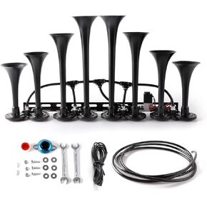 Train horn kit, used for train horns on trucks/cars. 8 Air horn, super loud dB. Suitable for 12V vehicles, such as semi-automatic driving/pickup trucks/RVs/SUVs, etc. (black) (12V)