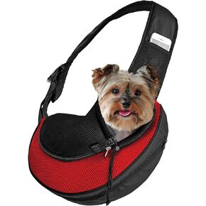 Expandable Pet Carrier Sling Bag - Small Dog, Puppy and Cat Carrier Front Shoulder Backpack w/Harness Strap - Carrying Pouch for ESA, Animal Travel - PU Leather Bottom, Mesh Pocket by Katziela (Red)