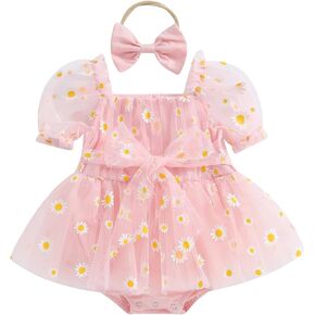 Amnnchya Baby Girl Romper Dress Sequins Puff Sleeve Organza Dresses Newborn Baby Girls Summer Clothes with Headband