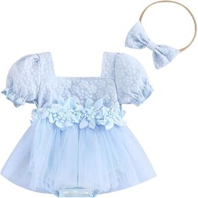 Madjtlqy Toddler Baby Girl Summer Romper Dress Short Puff Sleeve 0 3 6 12 18 Months Clothes Jumpsuit + Headband