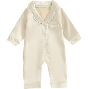 Multitrust Newborn Baby Girl Boy Silk Pajamas Long Sleeve Button Down Satin Infant Pjs One Piece Jumpsuit Loungewear in Kuwait